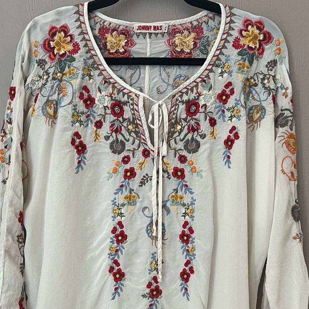 Johnny Was Cream and Red Embellished Blouse with Tie Front
